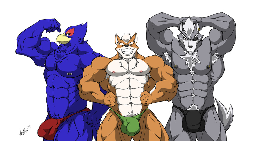 abs bodybuilder bulge falco_lombardi fox_mccloud muscles nintendo pecs pose star_fox video_games wolf_o'donnell wolfoxokamichan