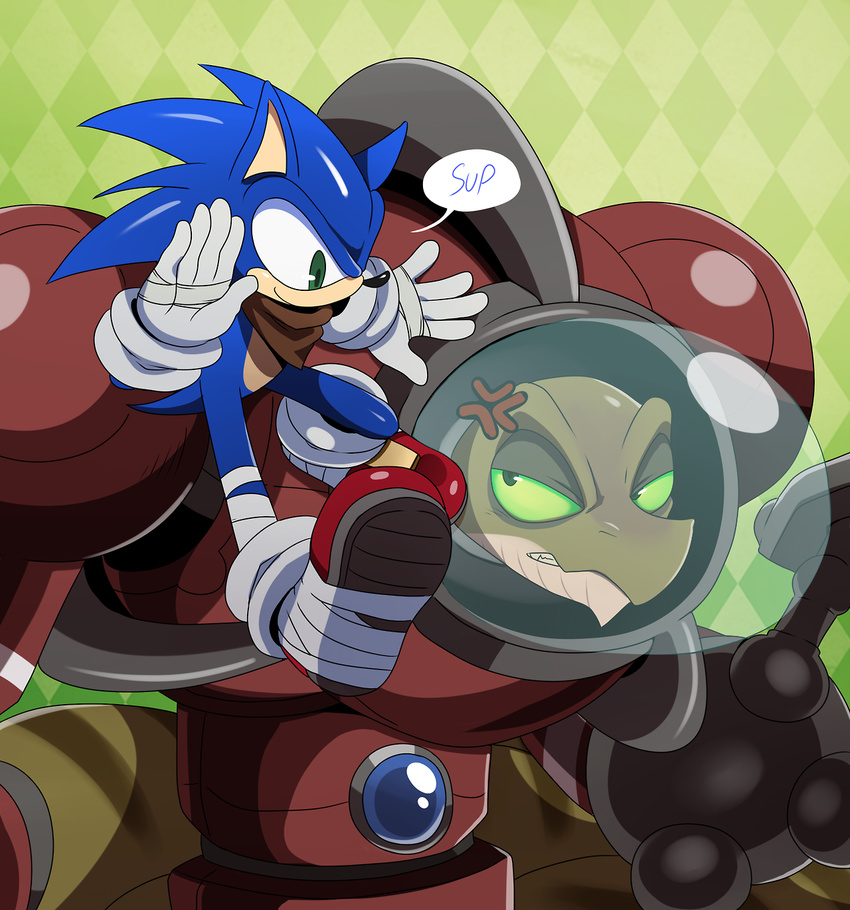 angry anthro armor ascot bandage close-up dialog english_text gloves half-closed_eyes hedgehog helmet long_nose looking_down looking_up lyric male mammal quills reptile scalie sega sharp_teeth shoes size_difference smile snake sonic_(series) sonic_boom sonic_the_hedgehog sssonic2 suit teeth text
