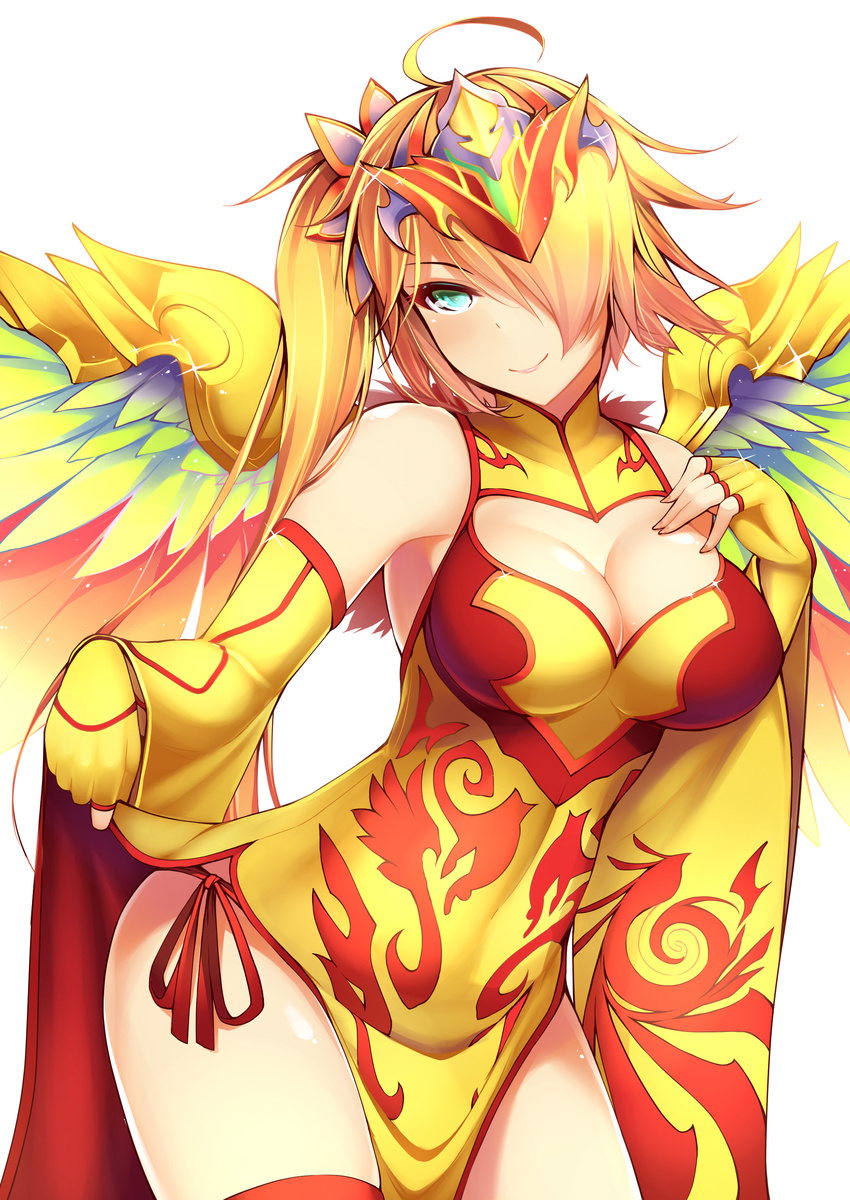 absurdres aqua_eyes breasts chinese_clothes cleavage cleavage_cutout dean detached_sleeves dress fingerless_gloves gloves hair_over_one_eye heart highres large_breasts leilan_(p&amp;d) orange_hair panties puzzle_&amp;_dragons short_dress side-tie_panties side_ponytail smile solo underwear wings yellow_gloves
