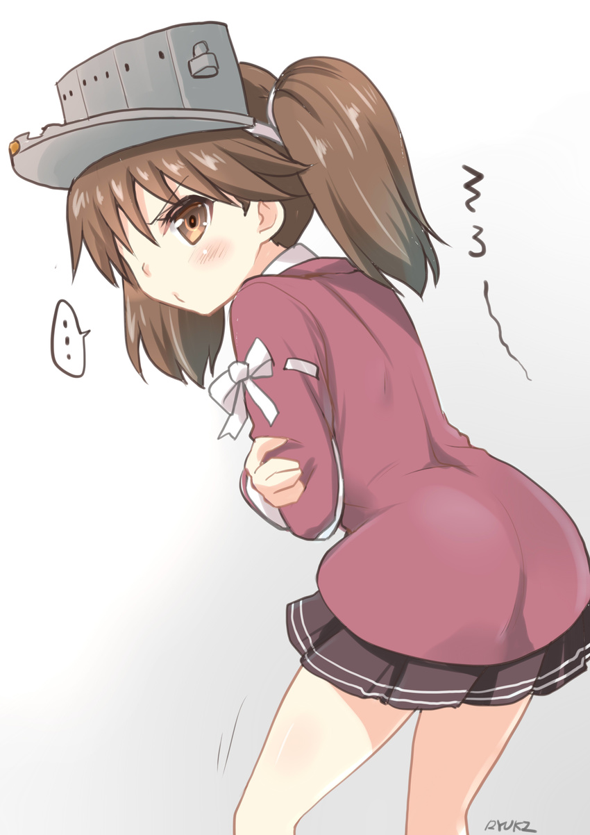 1girl absurdres brown_eyes brown_hair commentary_request covering covering_chest hair_over_one_eye hat highres kantai_collection ryuki_(ryukisukune) ryuujou_(kantai_collection) short_hair short_twintails skirt solo twintails