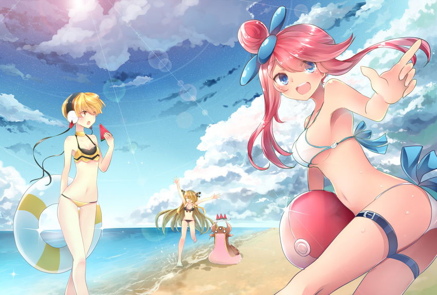 ball beach beachball bikini blue_eyes breasts cloud day e-co food fruit fuuro_(pokemon) gastrodon gen_4_pokemon hair_over_one_eye innertube kamitsure_(pokemon) long_hair medium_breasts multiple_girls ocean open_mouth outdoors pink_hair pokemon pokemon_(creature) pokemon_(game) pokemon_bw shirona_(pokemon) short_hair side_bun sidelocks sky small_breasts standing standing_on_one_leg sun swimsuit thigh_strap very_long_hair watermelon white_bikini yellow_bikini