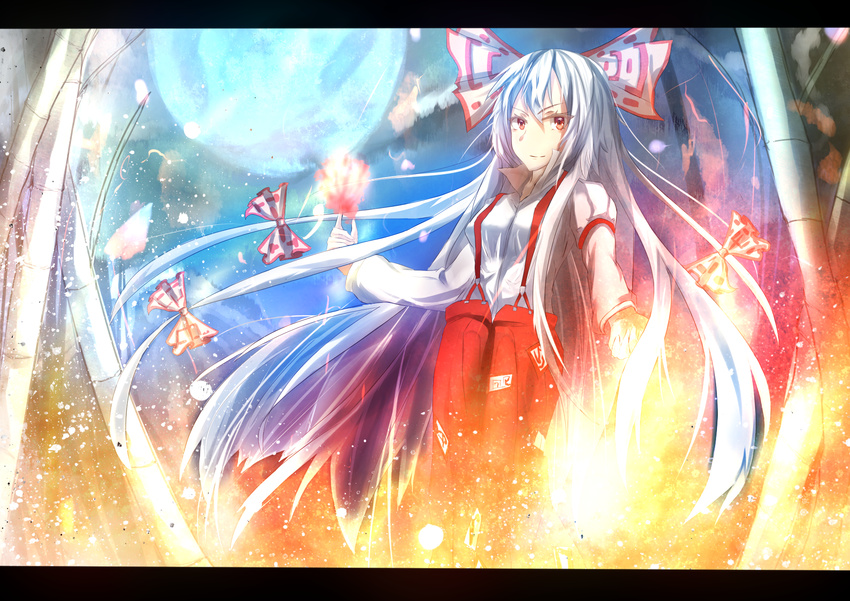 arm_belt armband aruto2498 bamboo bamboo_forest blurry bow burning depth_of_field dress_shirt embers fire flame forest fujiwara_no_mokou full_moon hair_bow hair_ribbon highres letterboxed long_hair long_sleeves looking_at_viewer moon nature ofuda pants red_eyes red_pants ribbon shirt smile solo suspenders touhou tress_ribbon very_long_hair white_hair white_shirt