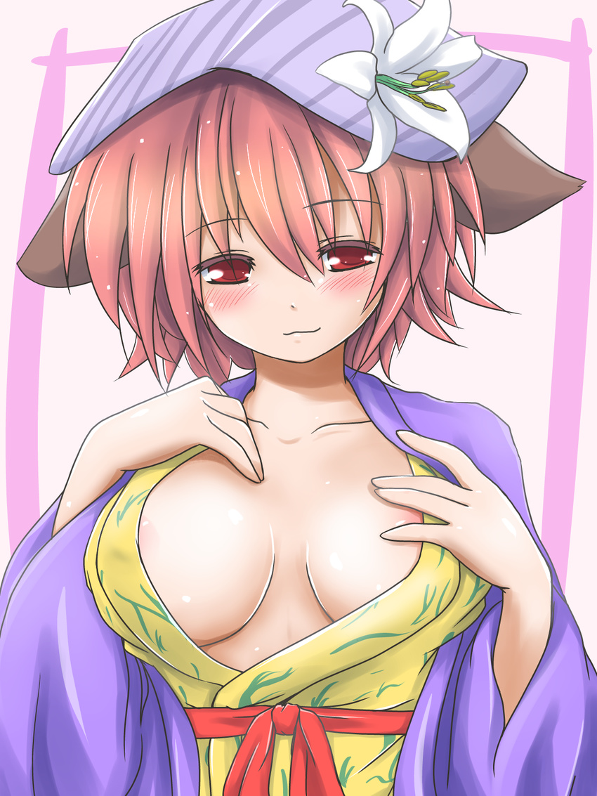 areola_slip areolae blush breasts flower hair_flower hair_ornament hat highres japanese_clothes kimono large_breasts loose_clothes mystical_power_plant original pink_hair red_eyes short_hair smile solo teitoku tobikura_momo touhou