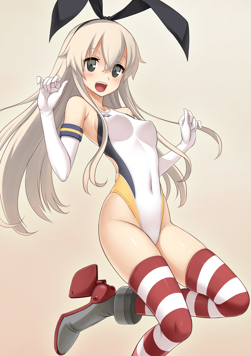 absurdres arena_(company) black_eyes blonde_hair blush competition_swimsuit covered_navel elbow_gloves gloves hairband highleg highleg_swimsuit highres jumping kantai_collection kuri_(kurigohan) long_hair looking_at_viewer one-piece_swimsuit open_mouth shimakaze_(kantai_collection) shiny shiny_skin skindentation smile striped striped_legwear swimsuit thighhighs