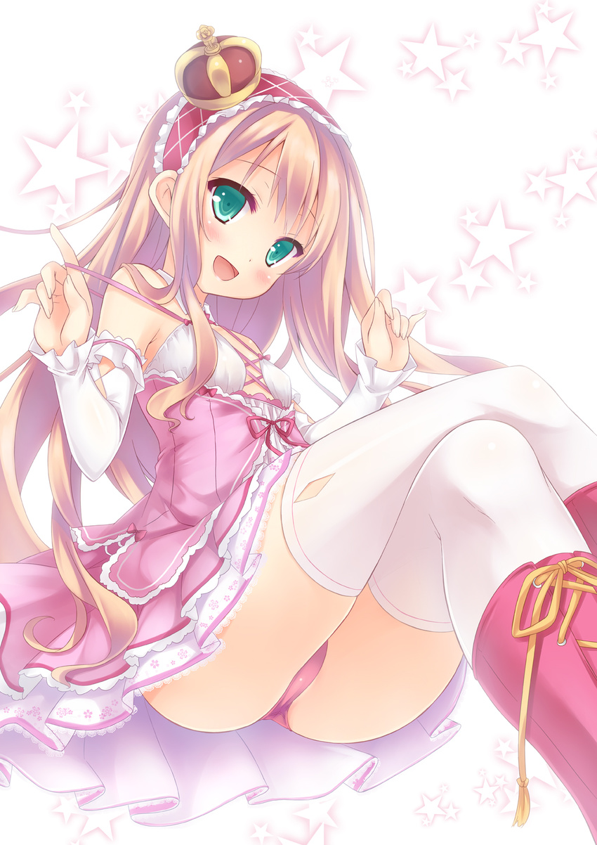 :d aqua_eyes blonde_hair blush boots cross-laced_footwear crossed_legs crown flat_chest hairband highres lolita_hairband long_hair open_mouth original panties pantyshot pantyshot_(sitting) pink_footwear pink_panties ryo sitting skirt smile solo star strap_pull thighhighs thighs underwear white_legwear