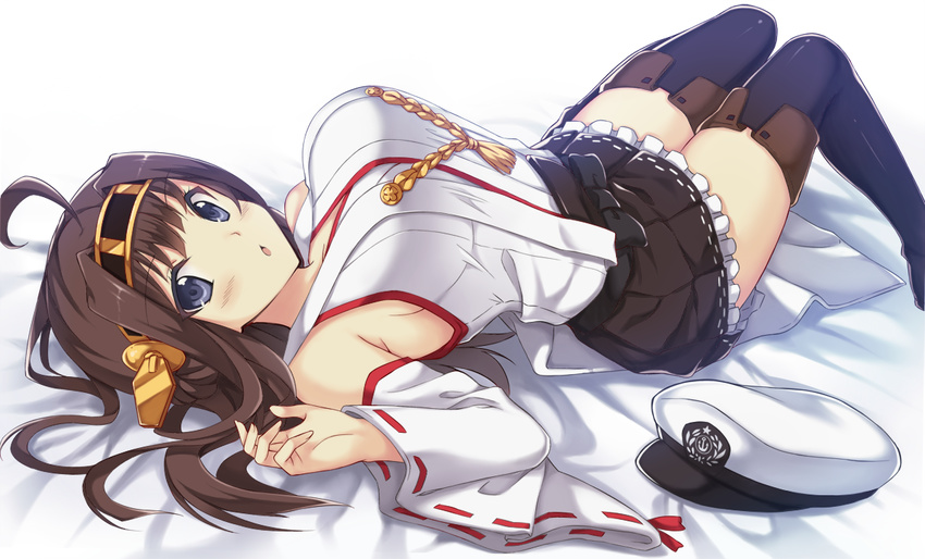 :o bad_id bad_pixiv_id black_legwear blue_eyes boots brown_hair chestnut_mouth detached_sleeves frilled_skirt frills hat headgear kantai_collection knees_together_feet_apart kongou_(kantai_collection) looking_at_viewer lying nontraditional_miko on_back peach_(momozen) peaked_cap ribbon-trimmed_sleeves ribbon_trim skirt solo thigh_boots thighhighs