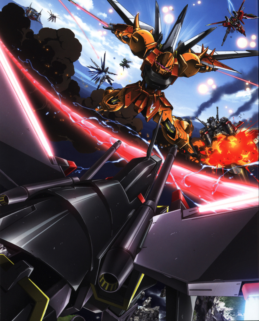 archangel_(gundam) beam_rifle chaos_gundam cloud day electricity energy_beam energy_gun energy_sword explosion freedom_gundam gaia_gundam gouf_ignited gundam gundam_seed gundam_seed_destiny highres mecha minerva_(gundam) no_humans saviour_gundam scan shield smoke strike_rouge sword weapon whip