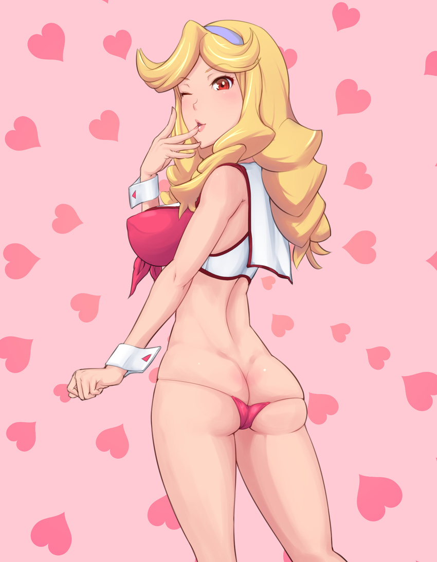 ;) ass back blonde_hair boobies_uniform breasts butt_crack finger_to_mouth flat_ass from_behind front-tie_top heart heart_background highres honey_(space_dandy) kemurin large_breasts lips long_hair one_eye_closed panties short_shorts shorts skindentation smile solo space_dandy thong underwear uniform wrist_cuffs