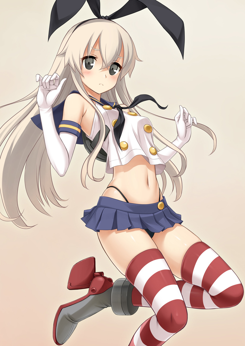 absurdres black_eyes blonde_hair elbow_gloves frown gloves hairband highleg highleg_panties highres jumping kantai_collection kuri_(kurigohan) long_hair panties sailor_collar shimakaze_(kantai_collection) skirt solo striped striped_legwear thighhighs underwear