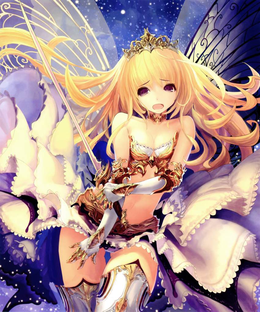 absurdres bare_shoulders blonde_hair boots bra breasts butterfly_wings cleavage gauntlets highres long_hair midriff navel open_mouth panties purple_eyes scan shingeki_no_bahamut small_breasts solo sword tachikawa_mushimaro thigh_boots thighhighs tiara underwear weapon white_bra white_legwear white_panties wings