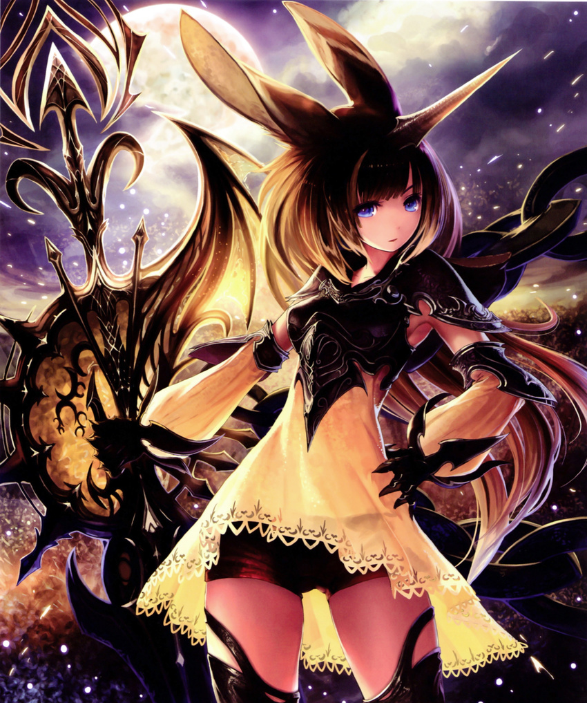 absurdres animal_ears black_legwear blue_eyes breastplate brown_hair detached_sleeves hand_on_hip highres horn light_particles long_hair moon moon_al-mi'raj scan shadowverse shingeki_no_bahamut short_shorts shorts solo sword tachikawa_mushimaro thighhighs very_long_hair weapon