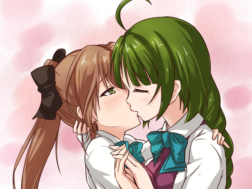 ahoge akigumo_(kantai_collection) bangs blue_bow blunt_bangs bow bowtie braid brown_hair closed_eyes french_kiss green_eyes green_hair hand_on_another's_shoulder holding_hands interlocked_fingers kakiha_makoto kantai_collection kiss long_hair long_ponytail multiple_girls saliva single_braid yuri yuugumo_(kantai_collection)