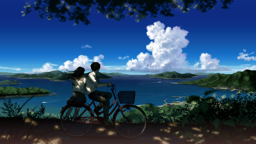 1girl amemura_(caramelo) back bicycle bicycle_basket black_hair black_pants blouse blue_sky boat cloud dappled_sunlight day facing_away from_side ground_vehicle harbor hill horizon lake long_hair multiple_riders original outdoors pants plant pleated_skirt riding road sailor_collar scenery school_uniform serafuku shirt short_hair short_sleeves sidesaddle sitting skirt sky sleeves_pushed_up socks sunlight tree_shade water watercraft white_blouse white_shirt wind