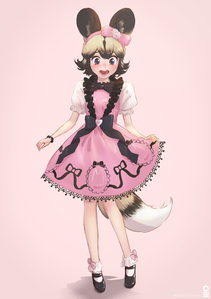 1girl african_wild_dog_(kemono_friends) alternate_costume animal_ears black_hair blonde_hair blush bow bowtie bracelet dog_ears dog_tail dress dress_bow eyebrows_visible_through_hair frilled_legwear full_body hair_bow highres jewelry kemono_friends light_brown_hair multicolored_hair open_mouth puffy_short_sleeves puffy_sleeves short_hair short_sleeves socks solo tail takami_masahiro