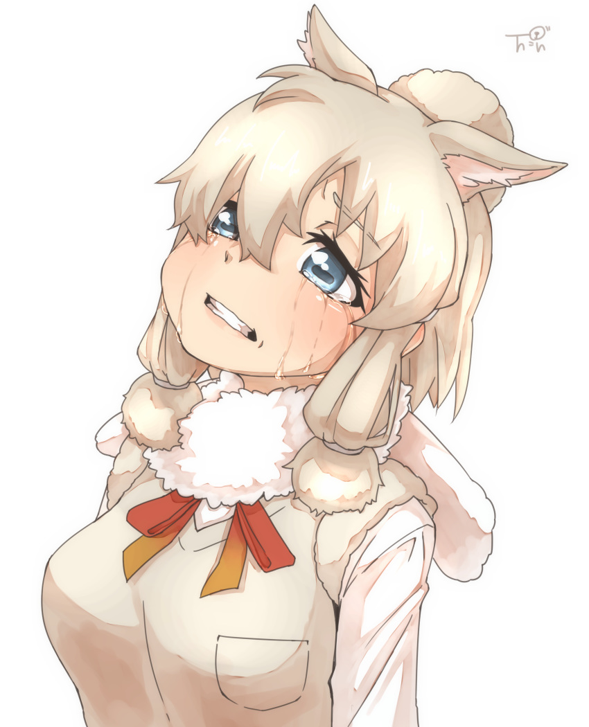 1girl alpaca_ears alpaca_suri_(kemono_friends) animal_ears artist_logo bangs blonde_hair blue_eyes breast_pocket clenched_teeth commentary_request crying crying_with_eyes_open ears_down extra_ears eyebrows_visible_through_hair fur_scarf hair_between_eyes hair_bun hair_over_one_eye hair_tubes highres horizontal_pupils kemono_friends long_sleeves looking_up medium_hair neck_ribbon pocket ribbon scarf shirt simple_background solo streaming_tears sweater_vest tears teeth thin_(suzuneya) upper_body white_background