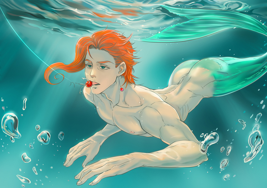 cherry fishing_hook food fruit jojo_no_kimyou_na_bouken kakyouin_noriaki look-alike male_focus merman monster_boy orange_hair parody red_hair solo stardust_crusaders the_little_mermaid toujou_shufu underwater