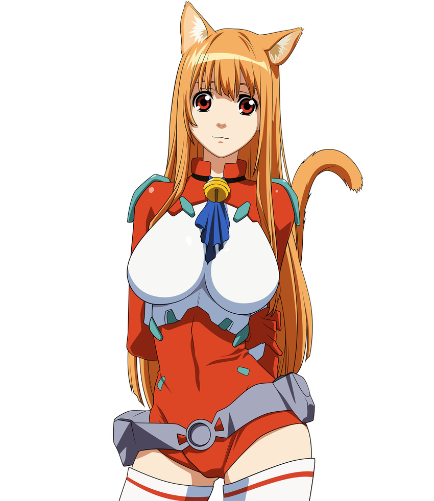 absurdres animal_ears arms_behind_back asobi_ni_iku_yo! bangs bell belt belt_pouch breasts cat_ears cat_tail cowboy_shot eris_(asobi_ni_iku_yo!) extraction gloves highres hips holding_arm jingle_bell large_breasts leotard long_hair looking_at_viewer loose_belt orange_hair pouch red_eyes red_leotard solo tail thighhighs transparent_background vector_trace very_long_hair white_legwear