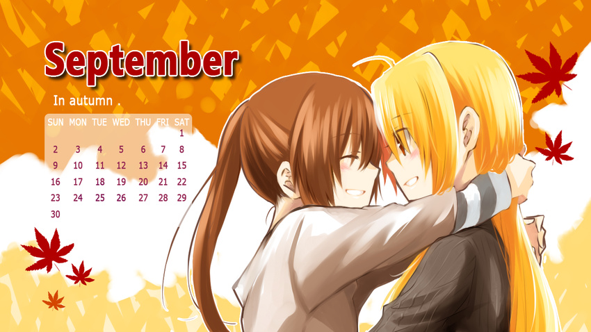 2girls autumn blonde_hair blush brown_hair calendar couple eyes_closed fate_testarossa female happy hug itsu_(artist) leaf long_hair looking_at_another lyrical_nanoha mahou_senki_lyrical_nanoha_force mahou_shoujo_lyrical_nanoha mahou_shoujo_lyrical_nanoha_strikers mahou_shoujo_lyrical_nanoha_vivid maple_leaf multiple_girls ponytail smile takamachi_nanoha yuri