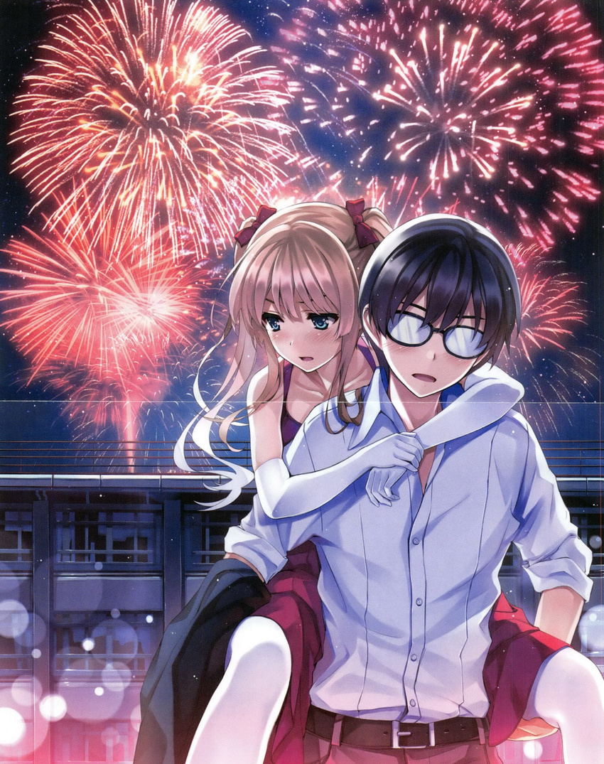 1girl aki_tomoya arms_around_neck backlighting bangs bare_shoulders belt blonde_hair blue_eyes blush bow building buttons carrying collarbone collared_shirt crease dress dress_shirt elbow_gloves embarrassed fireworks glasses gloves hair_bow hair_over_shoulder highres jacket jacket_removed looking_away misaki_kurehito night night_sky novel_illustration official_art opaque_glasses open_mouth outdoors pantyhose piggyback red_bow red_dress saenai_heroine_no_sodatekata sawamura_spencer_eriri scan scan_artifacts shirt sky sleeveless sleeves_rolled_up twintails white_gloves white_legwear white_shirt
