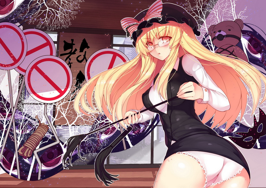 ass bdsm bespectacled blonde_hair bondage bound face_mask gagged gap glasses hat hat_ribbon long_hair long_sleeves looking_at_viewer mask mob_cap no_pants panties rain_lan ribbon road_sign rope shibari shirt sign solo stuffed_animal stuffed_toy teddy_bear touhou underwear very_long_hair vest whip white_panties yakumo_yukari yellow_eyes