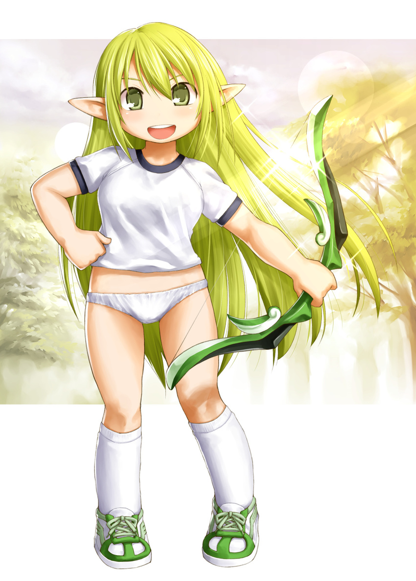 alternate_costume bad_id bad_pixiv_id bow_(weapon) breasts contrapposto elf elsword green_eyes green_hair gym_uniform hand_on_hip highres kasuga_yukihito kneehighs long_hair no_pants panties pointy_ears rena_(elsword) shoes small_breasts sneakers solo standing underwear weapon white_panties