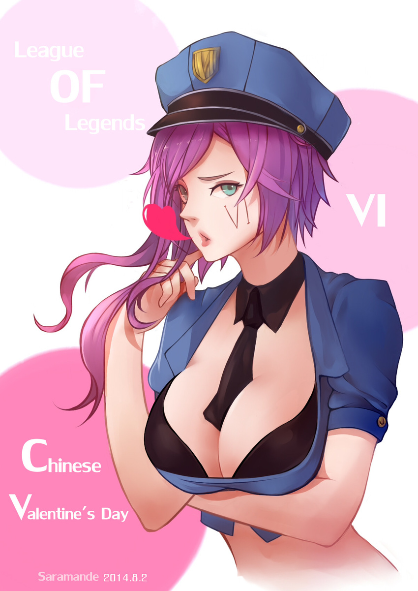 aqua_eyes bra breast_lift breasts crop_top hat heart highres large_breasts league_of_legends looking_at_viewer officer_vi open_mouth pink_hair police police_uniform policewoman saramande solo underwear uniform vi_(league_of_legends)