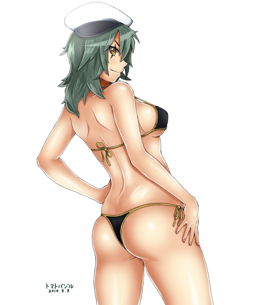 alternate_costume artist_name ass bad_id bad_nicoseiga_id bikini black_bikini dated from_behind green_hair hands_on_hips hat highres kantai_collection kiso_(kantai_collection) looking_back scar short_hair side-tie_bikini solo swimsuit tomato_basil_(kawauso) white_background yellow_eyes