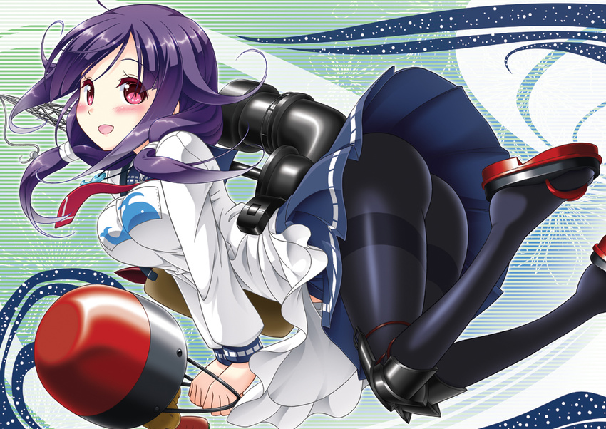 ahoge akari_ryuryuwa ass black_legwear blush breasts bucket hair_ornament kantai_collection large_breasts long_hair looking_at_viewer low_twintails magatama open_mouth pantyhose purple_eyes purple_hair school_uniform serafuku skirt smile solo taigei_(kantai_collection) thighband_pantyhose twintails whale