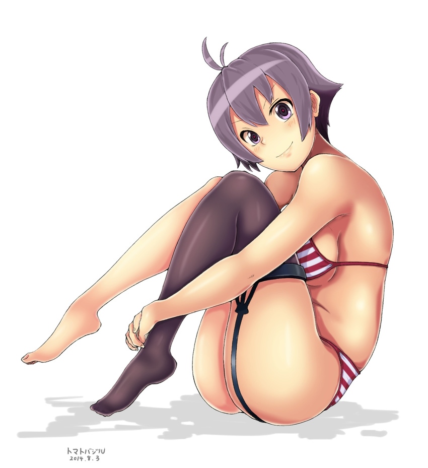 alternate_costume antenna_hair bad_id bad_nicoseiga_id bikini black_legwear blush breasts garter_straps highres kantai_collection large_breasts leg_hug looking_at_viewer purple_eyes purple_hair red_bikini sakawa_(kantai_collection) short_hair single_thighhigh sitting smile solo striped striped_bikini swimsuit thighhighs tomato_basil_(kawauso) white_background