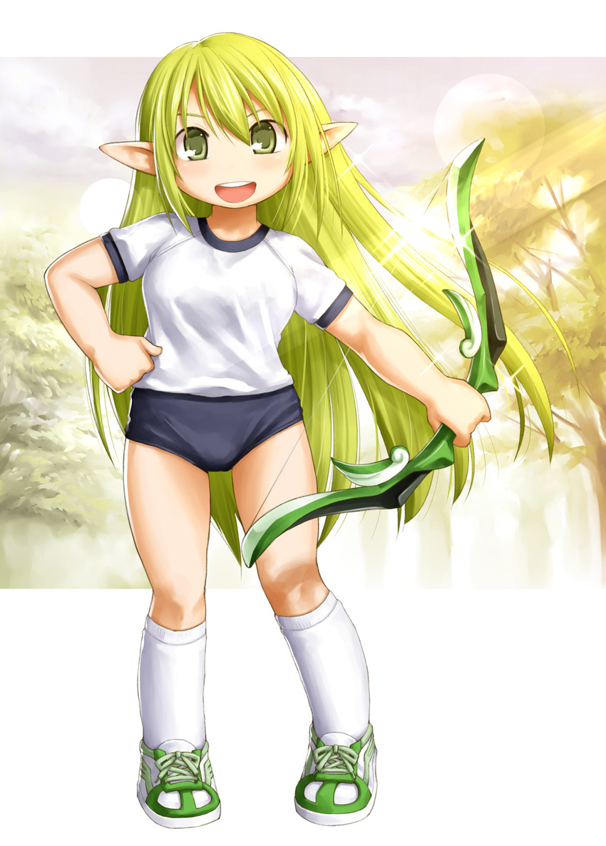 alternate_costume bad_id bad_pixiv_id bow_(weapon) breasts buruma contrapposto elf elsword green_eyes green_hair gym_uniform hand_on_hip highres kasuga_yukihito kneehighs long_hair pointy_ears rena_(elsword) shoes small_breasts sneakers solo standing weapon