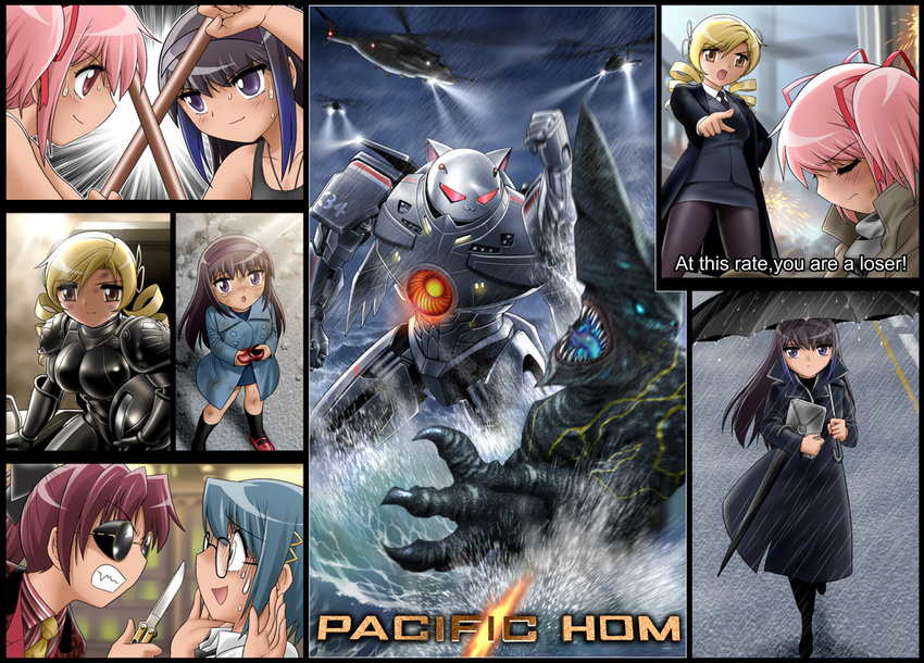 aircraft akemi_homura angry armor at_knifepoint battle black_hair blonde_hair blue_hair bodysuit crossover drill_hair drivesuit english fusion gipsy_danger goggles hair_ribbon helicopter kaijuu kaname_madoka knife knifehead kyubey long_hair mahou_shoujo_madoka_magica mecha miki_sayaka multicolored_hair multiple_girls necktie ocean pacific_rim pilot_suit pink_eyes pink_hair punching purple_eyes rain ribbon sakura_kyouko shingyouji_tatsuya short_hair streaked_hair super_robot sweatdrop tears tomoe_mami trench_coat twin_drills twintails umbrella water yellow_eyes