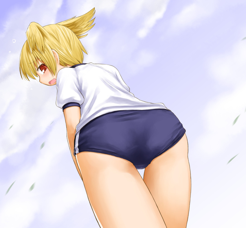 alternate_costume ass bad_id bad_pixiv_id blonde_hair buruma flying_sweatdrops from_below gym_uniform head_wings kasuga_yukihito lola_(pangya) pangya red_eyes short_hair solo