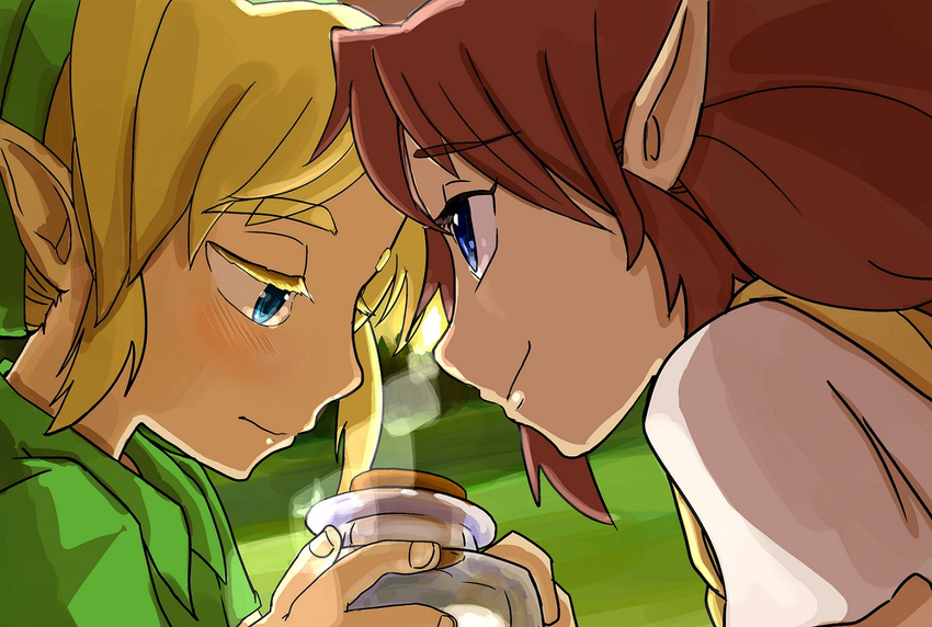 1girl blonde_hair blue_eyes bottle brown_hair face-to-face forehead-to-forehead kasou_mikan link long_hair malon pointy_ears smile the_legend_of_zelda the_legend_of_zelda:_ocarina_of_time young_link