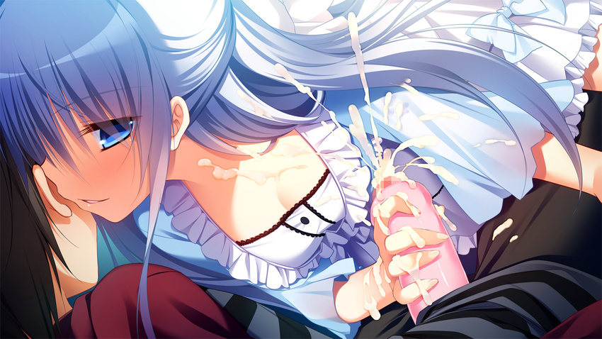 1girl artificial_vagina ayashiro_kagari blue_eyes censored cum ejaculation frills game_cg half_updo handjob hetero innocent_girl long_hair mosaic_censoring nanaka_mai nanami_wataru penis ribbon silver_hair whispering