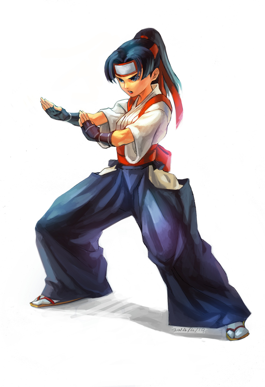 absurdres blue_hair blue_hakama boringmu dougi fighting_stance fingerless_gloves gloves hakama headband highres japanese_clothes long_hair ponytail ryuuko_no_ken sandals solo tabi the_king_of_fighters toudou_kasumi white_background