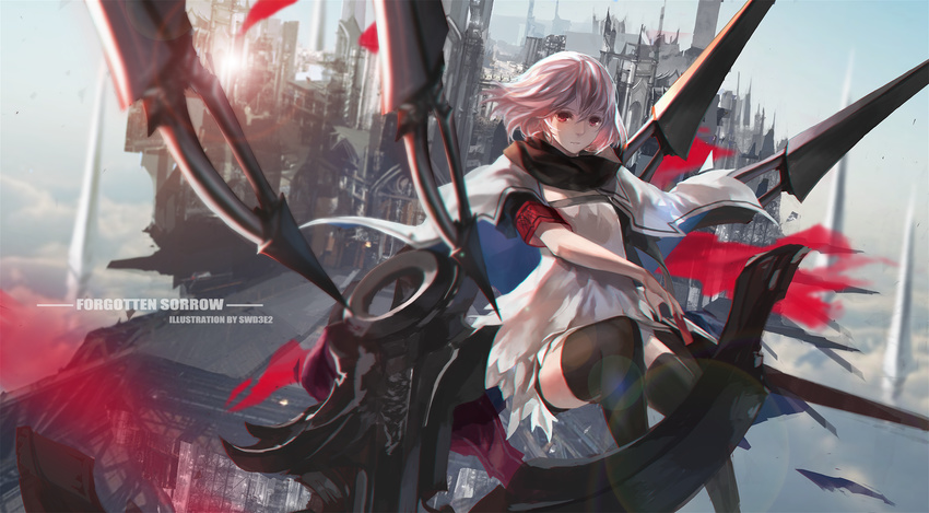 bad_id bad_pixiv_id black_legwear blue_sky building city day dress expressionless full_body highres house lens_flare looking_at_viewer original paradise pillar pink_hair red_eyes short_hair silver_hair sky solo sunlight swd3e2 thighhighs town white_dress