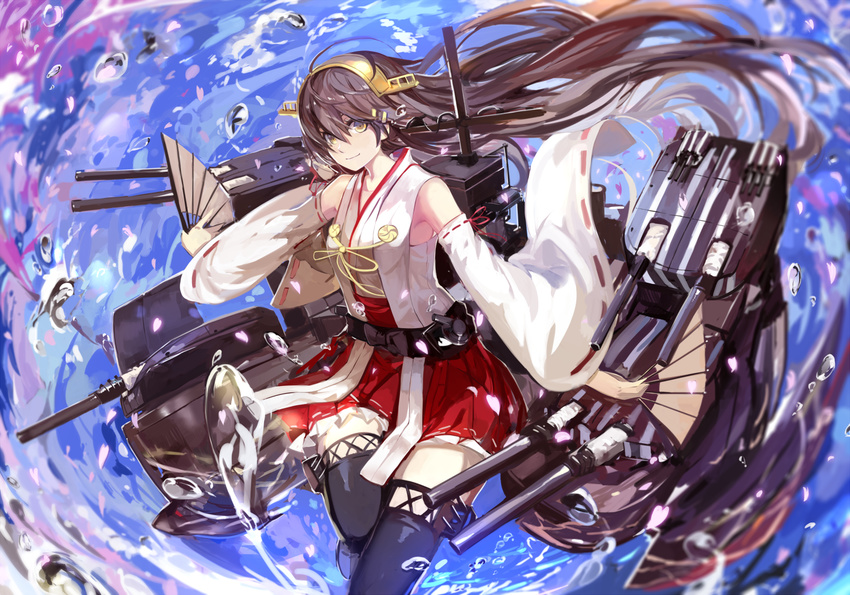 black_legwear boots brown_hair dazzle_paint detached_sleeves fan folding_fan haruna_(kantai_collection) headgear kantai_collection leg_up long_hair machinery nontraditional_miko remodel_(kantai_collection) saberiii solo thigh_boots thighhighs very_long_hair water yellow_eyes