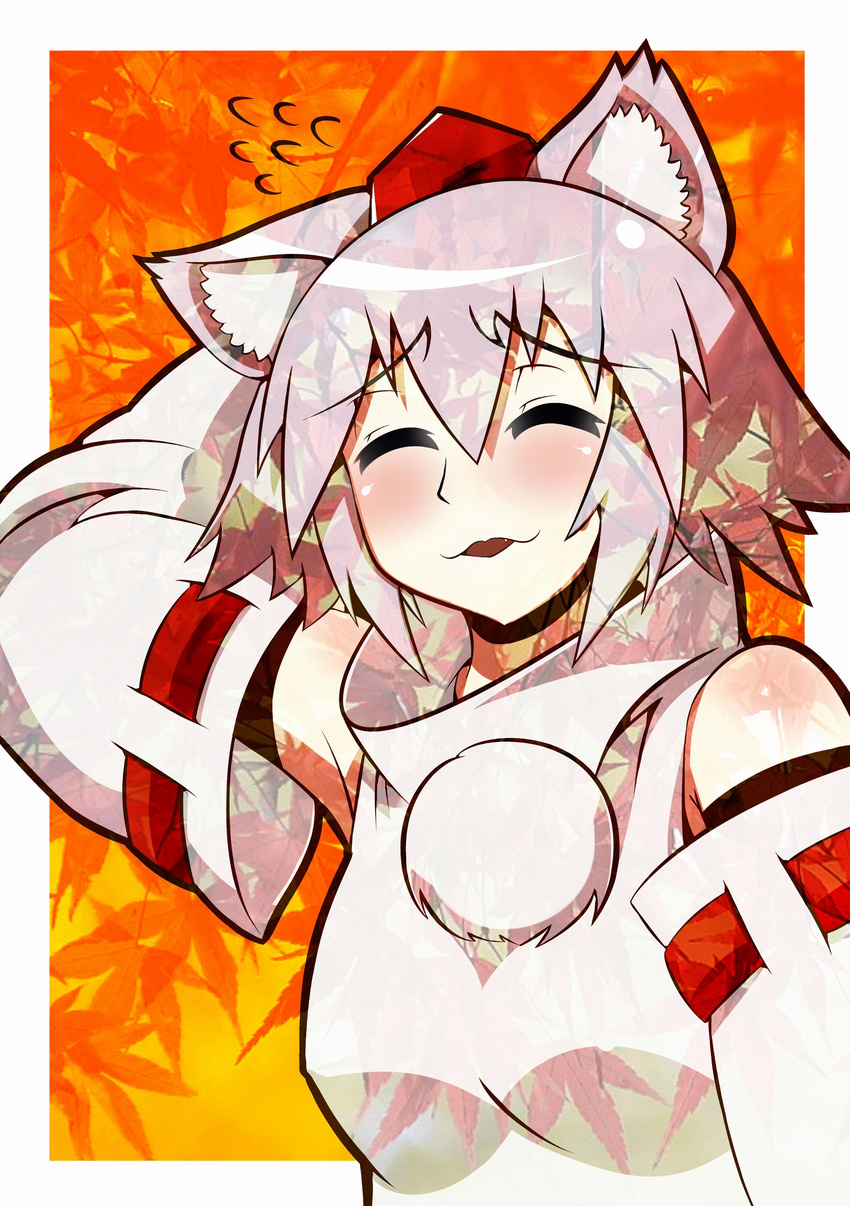 absurdres animal_ears bare_shoulders blush breasts closed_eyes detached_sleeves fang hand_on_own_head hat heikouidou_(seraeno) highres inubashiri_momiji looking_at_viewer medium_breasts pom_pom_(clothes) short_hair silver_hair solo tokin_hat touhou wolf_ears