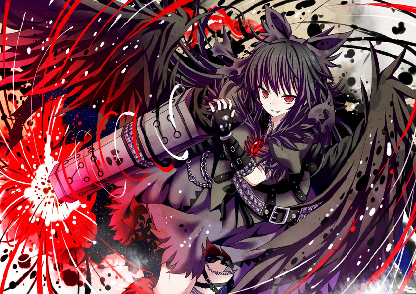 adapted_costume alternate_color alternate_weapon arm_cannon black_hair black_wings bow dark_persona energy fingerless_gloves givuchoko gloves gothic grin hair_bow long_hair radiation_symbol red_eyes reiuji_utsuho smile third_eye touhou weapon wings