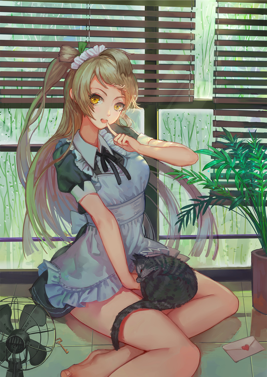 bare_legs blinds brown_hair cat electric_fan finger_to_mouth highres hoshimawa key letter long_hair looking_at_viewer love_letter love_live! love_live!_school_idol_project maid minami_kotori plant potted_plant sitting solo yellow_eyes yokozuwari