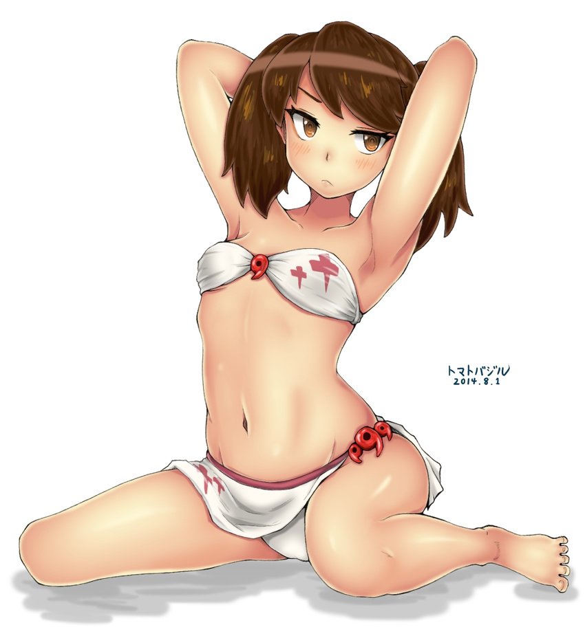 alternate_costume armpits arms_behind_head arms_up bad_id bad_nicoseiga_id bandeau bikini blush brown_eyes brown_hair dated kantai_collection light_frown magatama navel ryuujou_(kantai_collection) sarong short_twintails sitting solo stomach swimsuit tomato_basil_(kawauso) twintails wariza white_background white_bikini