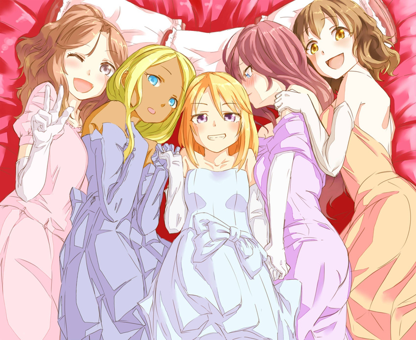 ;d aqua_dress aqua_eyes ariura_kanna bed_sheet blonde_hair blue_eyes blush brown_hair cushion dark_skin dress elbow_gloves embarrassed gloves grin hand_on_another's_shoulder hand_on_own_chest hands_together highres holding_hands ichinose_shiki idolmaster idolmaster_cinderella_girls komano_c_rotha lavender_hair layla_(idolmaster) long_hair looking_at_viewer looking_to_the_side lying multiple_girls namiki_meiko off_shoulder on_back on_side one_eye_closed open_mouth orange_dress orange_eyes orange_hair pink_dress pink_hair ponytail puffy_short_sleeves puffy_sleeves purple_eyes short_hair short_sleeves smile v wavy_hair yuuki_haru