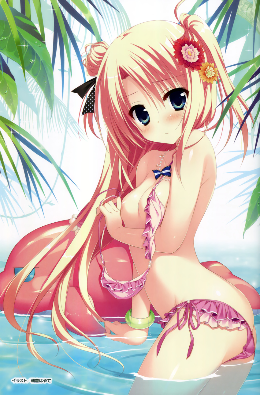 absurdres ahoge aqua_eyes areolae arm_support artist_name asakura_hayate ass bangs beads bikini bikini_pull blonde_hair blush bow bracelet breast_slip breasts covering covering_nipples day flower frilled_bikini frills hair_flower hair_ornament hair_ribbon highres inflatable_dolphin inflatable_toy jewelry leaf long_hair looking_at_viewer looking_back necklace one_breast_out outdoors parted_bangs pink_bikini polka_dot pulled_by_self ribbon scan side-tie_bikini small_breasts solo sparkle swimsuit two_side_up undressing untied untied_bikini very_long_hair wading water wet