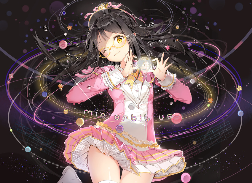 ;3 anmi black_hair blush boots breasts dress glasses hat heart heart_hands key long_hair one_eye_closed orbit original planet small_breasts smile solo thighhighs yellow_eyes