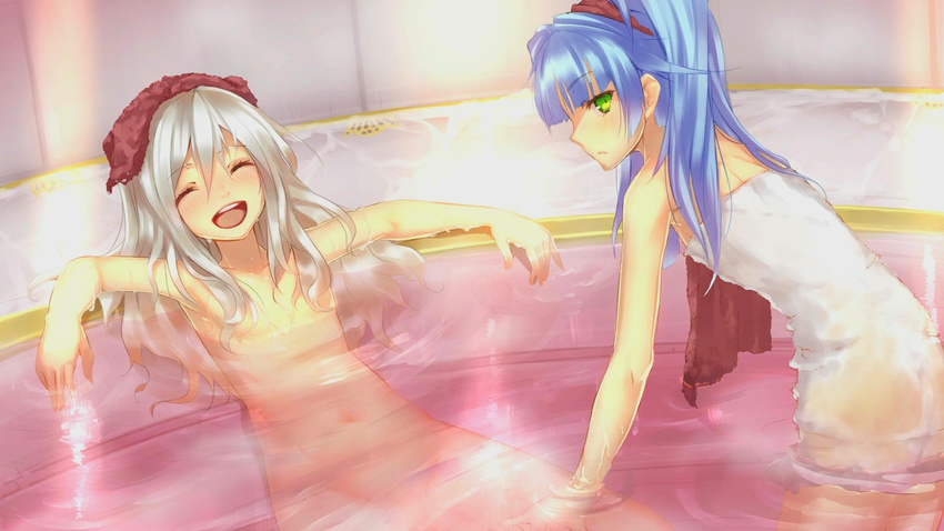 :d ^_^ ar_nosurge bathing blue_hair casty_rianoit closed_eyes convenient_censoring flat_chest green_eyes hair_between_eyes hair_censor hair_over_breasts leaning_forward long_hair looking_at_viewer multiple_girls naked_towel navel ntny nude official_art open_mouth outstretched_arms partially_submerged sarly_planck silver_hair sitting smile steam surge_concerto towel towel_on_head water white_hair