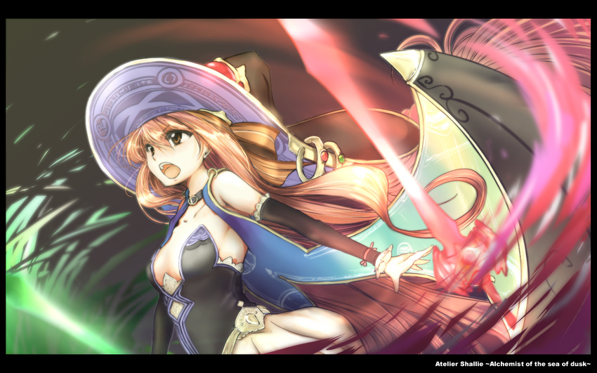 :o arm_warmers atelier_(series) atelier_shallie brown_eyes brown_hair choker copyright_name grimjin hat long_hair solo sword very_long_hair wallpaper weapon wilbell_voll=erslied witch_hat