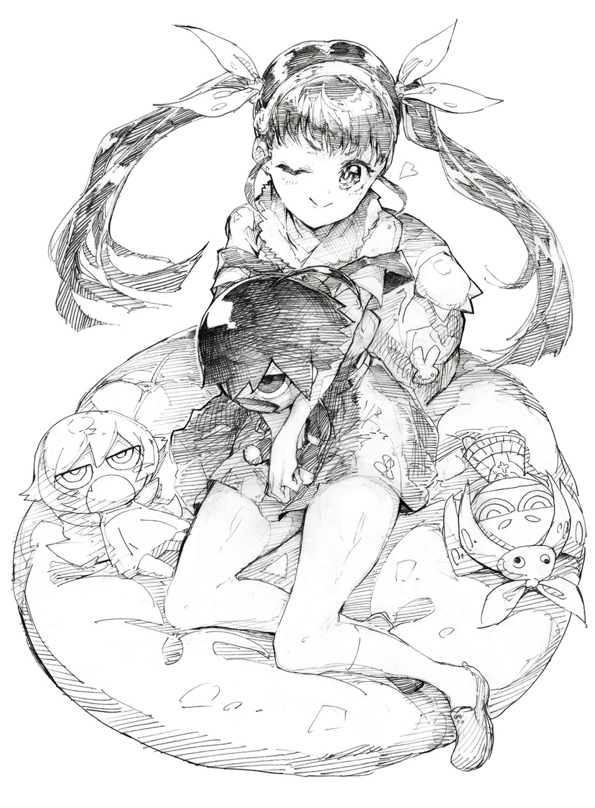 araragi_koyomi backpack bag bakemonogatari character_doll fang graphite_(medium) greyscale hachikuji_mayoi hair_ribbon heart highres long_hair monochrome monogatari_(series) one_eye_closed ononoki_yotsugi open_mouth oshake oshino_shinobu pillow ribbon sitting sketch smile traditional_media twintails