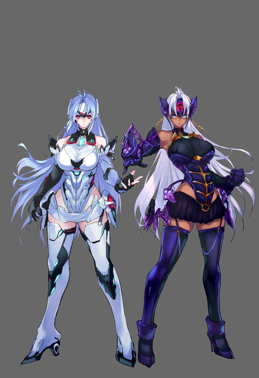 absurdres android bare_shoulders blue_eyes blue_hair breasts cleavage cyborg dark_skin elbow_gloves expressionless forehead_protector glasses gloves highres kos-mos kos-mos_re: large_breasts leotard long_hair looking_at_viewer multiple_girls negresco red_eyes silver_hair simple_background standing t-elos t-elos_re thighhighs very_long_hair white_leotard xenoblade_(series) xenoblade_2 xenosaga xenosaga_episode_iii