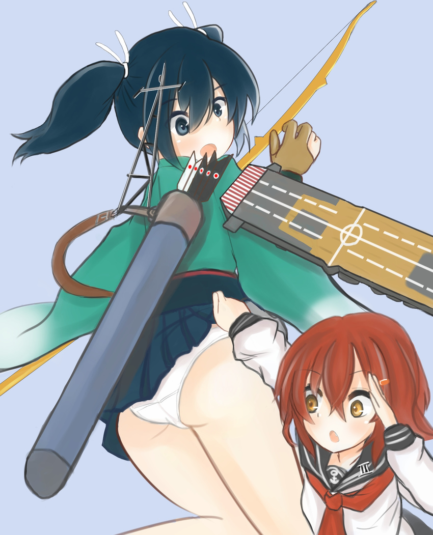ass assisted_exposure blue_eyes blue_hair bow_(weapon) brown_eyes brown_hair commentary_request eve_(kenzen) flight_deck hair_ornament hair_ribbon hairclip highres ikazuchi_(kantai_collection) kantai_collection long_hair machinery multiple_girls neckerchief open_mouth panties pantsing quiver red_neckwear ribbon school_uniform serafuku skirt skirt_lift souryuu_(kantai_collection) twintails underwear weapon white_panties