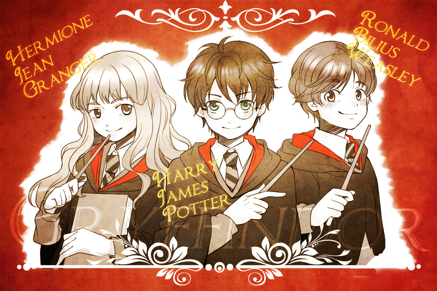 2boys book character_name freckles glasses green_eyes harry_james_potter harry_potter hermione_granger holiday-jin long_hair multiple_boys necktie ron_weasley school_uniform short_hair smile wand